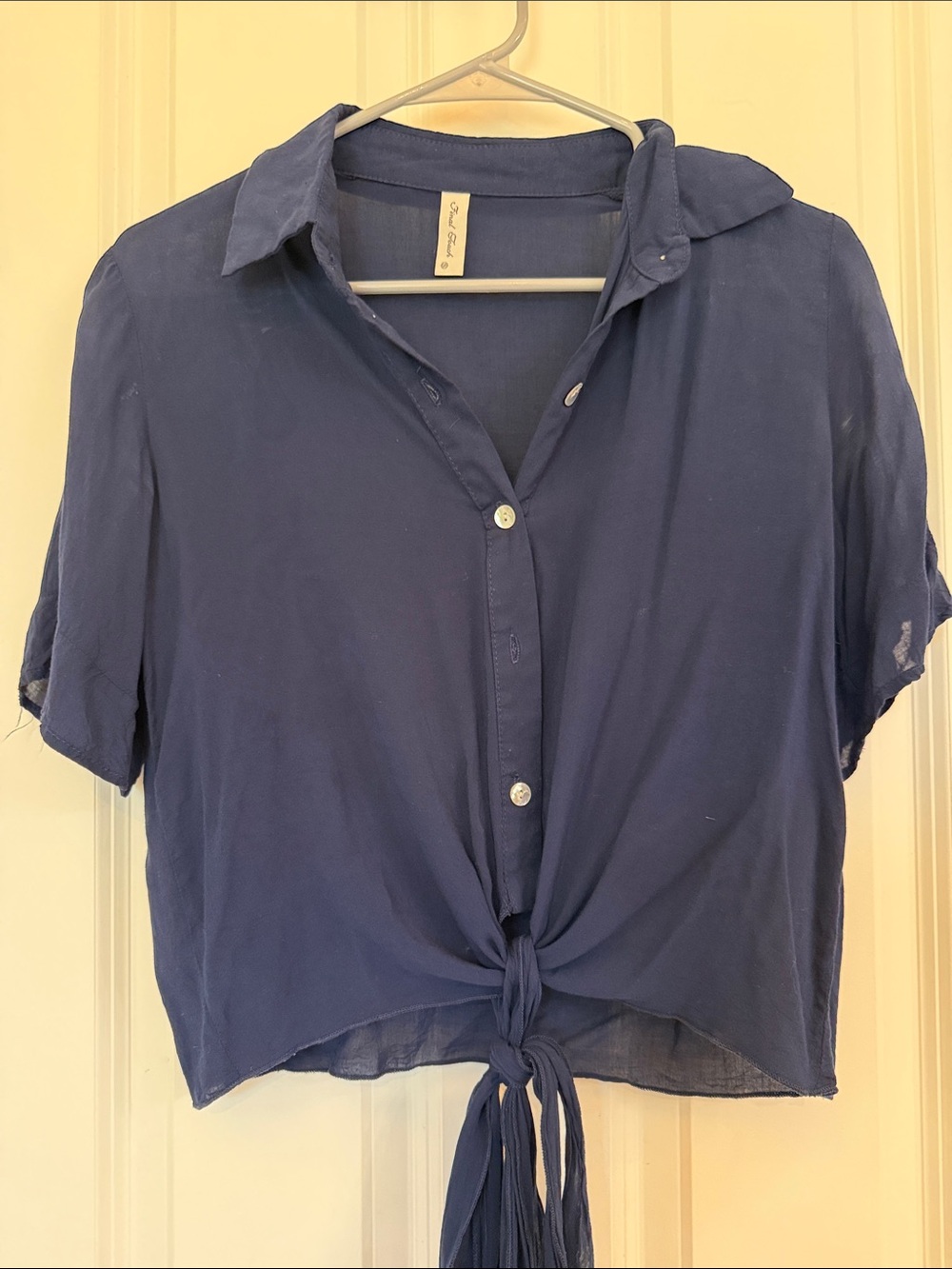 3/$30 Final Touch Navy Short-Sleeve Tie-Front Button-Down Shirt